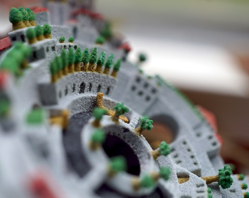 Tetrahedral Planetoid 3D print. Novel Waterfall Face angled closeup.